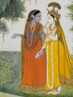 Krishna and Radha walking by the Jumna by moonlight having exchanged clothes (detail; c. 1820), Kangra. © The Fitzwilliam Museum, Cambridge.