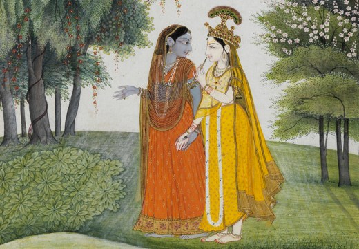 Krishna and Radha walking by the Jumna by moonlight having exchanged clothes (detail; c. 1820), Kangra. © The Fitzwilliam Museum, Cambridge.