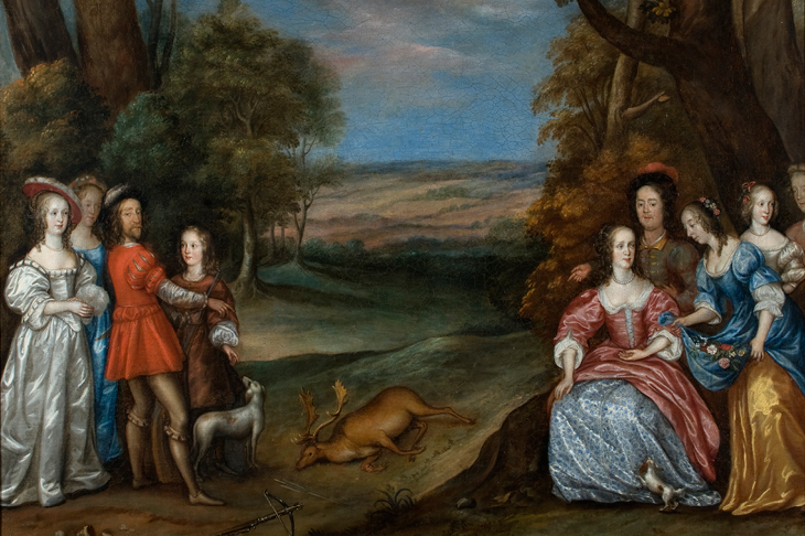 The Carlile Family with Sir Justinian Isham in Richmond Park ('The Stag Hunt’) (detail; 1650s), Joan Carlile. Lamport Hall