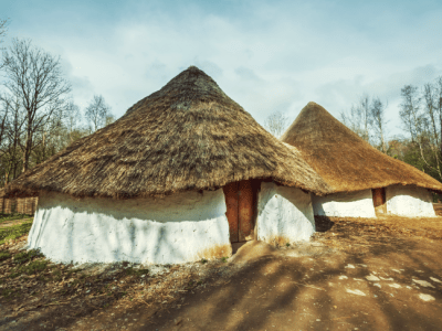A reconstructed Iron Age farmstead at St Fagans National Museum of History, Wales.