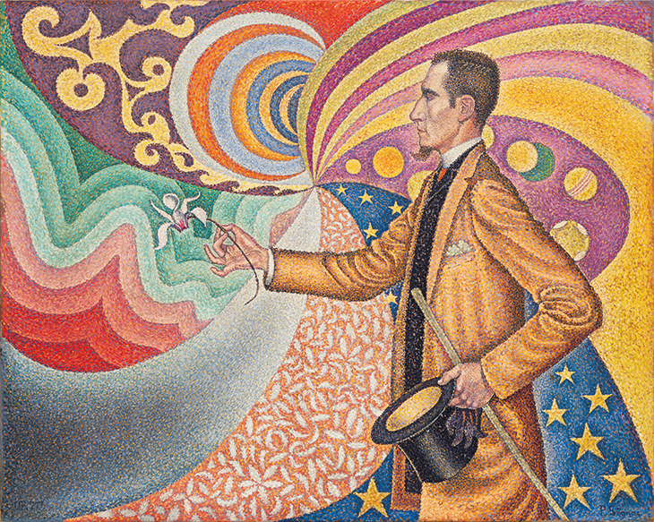 Opus 217. Against the Enamel of a Background Rhythmic with Beats and Angles, Tones and Tints, Portrait of M. Félix Fénéon in 1890 (1890), Paul Signac. Museum of Modern Art, New York.