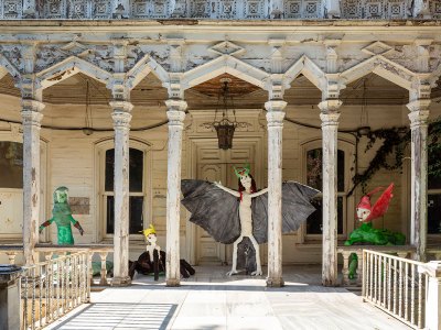 Installation view of Monster Chetwynd’s Hybrid Creatures (Snake, Spider, Bat, Crocodile) at the Istanbul Biennial, 2019.