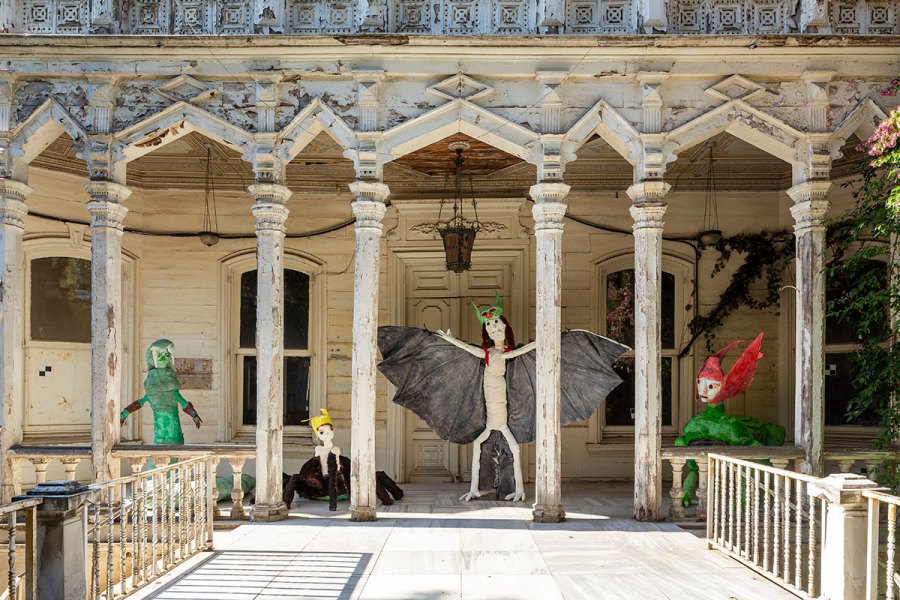 Installation view of Monster Chetwynd’s Hybrid Creatures (Snake, Spider, Bat, Crocodile) at the Istanbul Biennial, 2019.