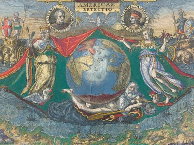 Epigram of a globe showing the Americas, with vignettes of Christopher Columbus and Amerigo Vespucci, from America, vol. IV.