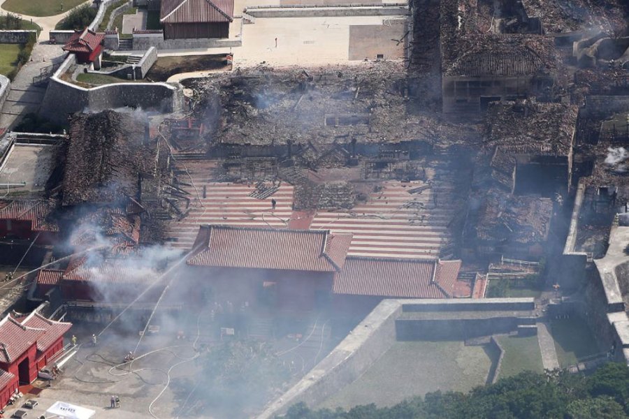 The remains of Shuri Castle in Okinawa, Japan, after the fire on 31 October 2019.