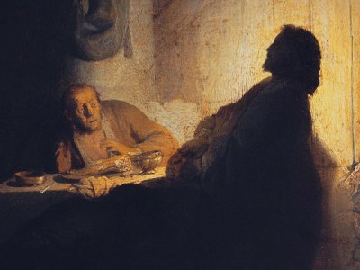 The Supper at Emmaus (detail; c. 1628), Rembrandt van Rijn.