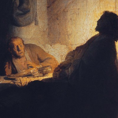 The Supper at Emmaus (detail; c. 1628), Rembrandt van Rijn.