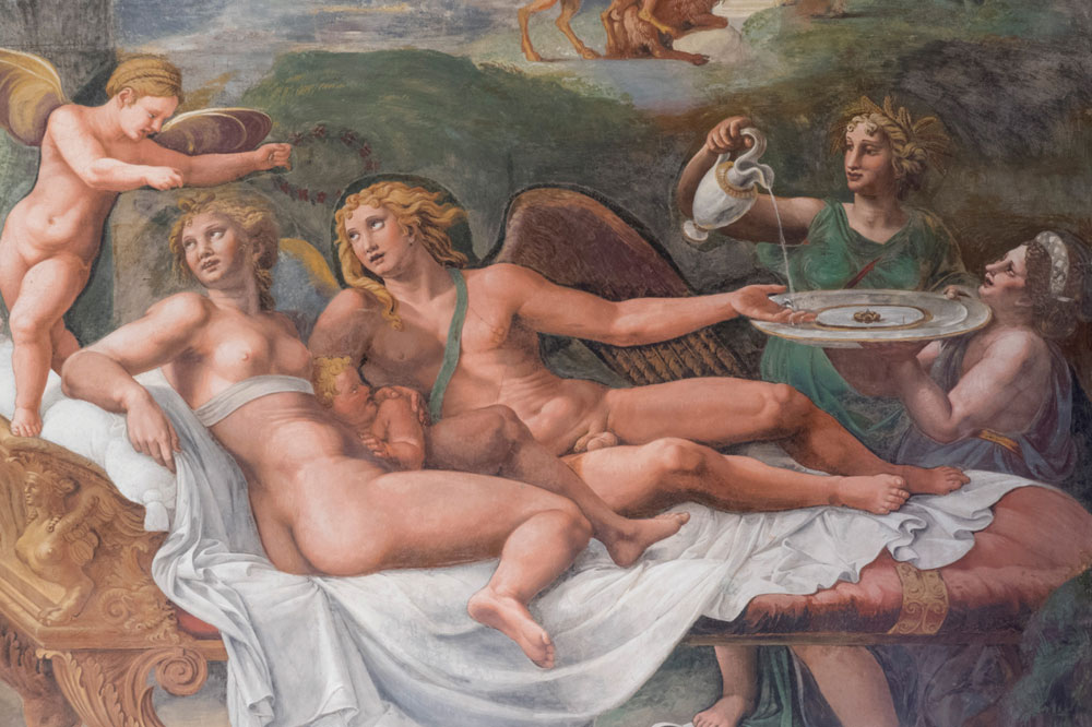 Detail of the south wall of the Sala di Psiche, Palazzo Te, Mantua, Giulio Romano and workshop.