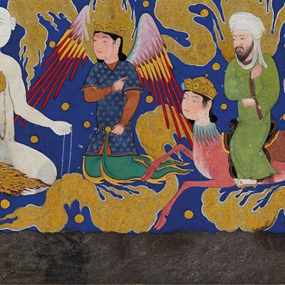 ‘The Prophet Muhammad encounters the angel of half-fire and half-snow’, miniature from a copy of al-Sarai’s Nahj al-Faradis (c. 1465), Herat.