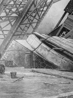 Workmen riveting the bases of the Eiffel Tower in place using hydraulic power in c. 1888.