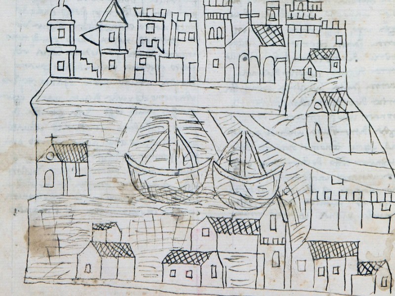 Manuscript page with a drawing of Venice (detail; 1346–50), Fra Niccolò da Poggibonsi.