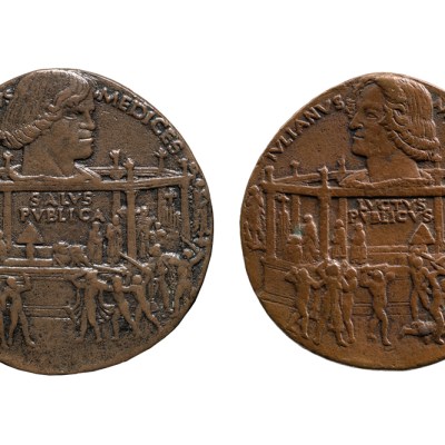 The Pazzi Conspiracy (Lorenzo de’ Medici) (1478), Bertoldo di Giovanni (obverse on left from Museo Nazionale del Bargello, Glorence; reverse on right, promised gift to the Frick Collection, New York)
