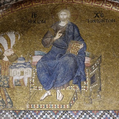 Mosaic of the Enthroned Christ and the Donor, Theodore Metochites above the entrance to the naos of the Kariye (Chora) Museum, Istanbul.