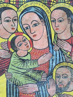 The Virgin and Child surrounded by the apostles and two angels (mid 15th century), Master of the Amber-Spotted Tunic, Ethiopia. Private collection