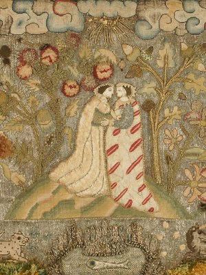 Textile panel depicting the Visitation (early 17th century), unknown English maker. © Ashmolean Museum, Oxford