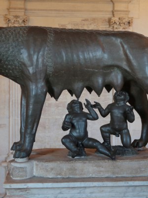 Sculpture of Romulus and Remus suckling at a she-wolf in the Musei Capitolini. Photo by Sean Gallup/Getty Images