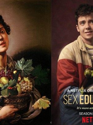 On the left is Caravaggio’s Boy with a Basket of Fruit. On the right is Sex Education’s Otis Milburn (Asa Butterfield)