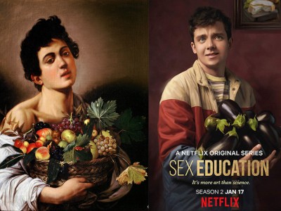 On the left is Caravaggio’s Boy with a Basket of Fruit. On the right is Sex Education’s Otis Milburn (Asa Butterfield)