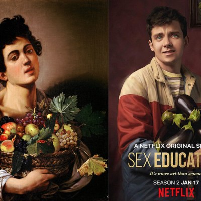 On the left is Caravaggio’s Boy with a Basket of Fruit. On the right is Sex Education’s Otis Milburn (Asa Butterfield)
