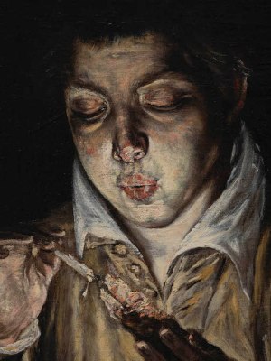 A Boy Blowing on an Ember to Light a Candle (El Soplón) (detail; c. 1570), El Greco.