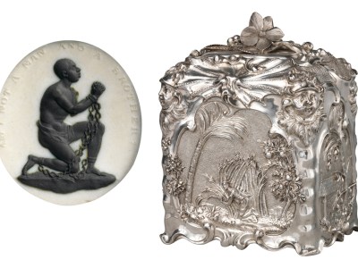 (Left) Anti-slavery medalliion (c. 1787), modelled by William Hackford and manufactured by Josiah Wedgwood. Metropolitan Museum of Art; (right) Sugar box (1744/45), Paul de Lamerie. Metropolitan Museum of Art