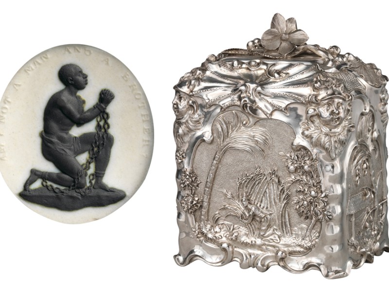 (Left) Anti-slavery medalliion (c. 1787), modelled by William Hackford and manufactured by Josiah Wedgwood. Metropolitan Museum of Art; (right) Sugar box (1744/45), Paul de Lamerie. Metropolitan Museum of Art