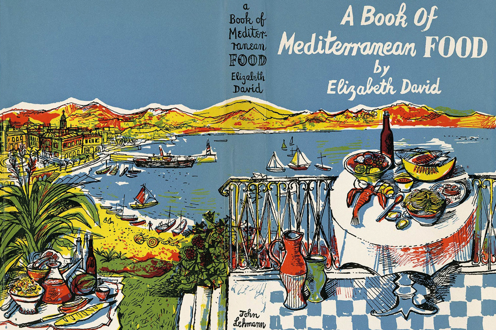 Wrap-around dust jacket designed by John Minton for Elizabeth David’s A Book of Mediterranean Food (1950)