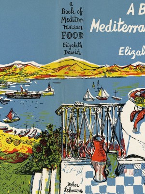 Wrap-around dust jacket designed by John Minton for Elizabeth David’s A Book of Mediterranean Food (1950)