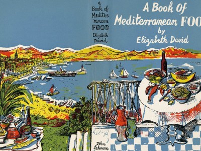 Wrap-around dust jacket designed by John Minton for Elizabeth David’s A Book of Mediterranean Food (1950)