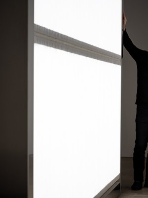 Alfredo Jaar photographed next to his installation ‘The Sound of Silence’ (2006) at Yorkshire Sculpture Park in October 2017. Photo by Jonty Wilde