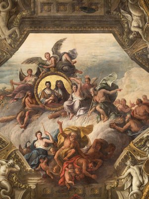 Detail of the ceiling of the Upper Hall, featuring portraits of Queen Anne and Prince George of Denmark