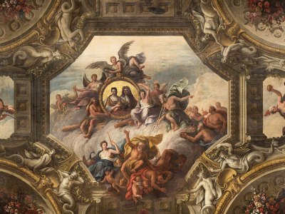 Detail of the ceiling of the Upper Hall, featuring portraits of Queen Anne and Prince George of Denmark