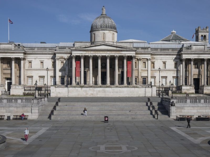 The National Gallery, closed and an empty Trafalgar Square on 24 March 2020. Photo by Dan Kitwood/Getty Images