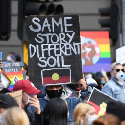 Protesters at a Black Lives Matter rally in Melbourne in June 2020. A number of issues have been raised at recent protests, including the destruction of heritage like the Juukan Gorge sites, the number of Indigenous people who have died in custody over the past three decades, and Australia’s colonial history.