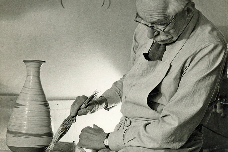 Bernard Leach working at the wheel (detail; 1963).