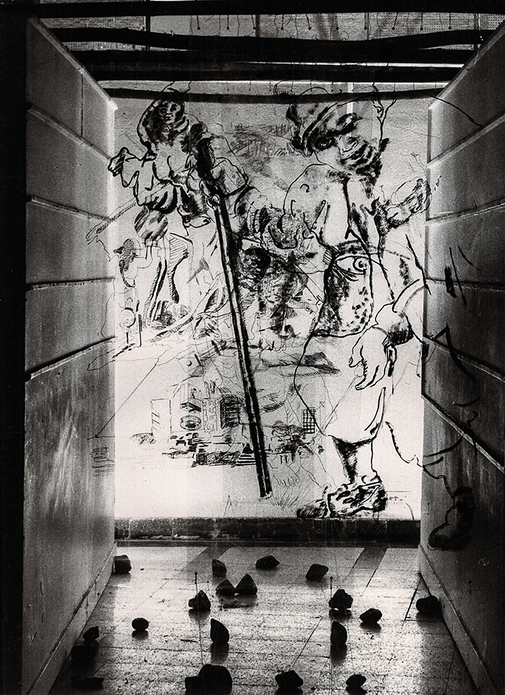 Alleyway Lohar Chawl (1991), Nalini Malani. Installation view at Jehangir Art Gallery, Mumbai, 1991.