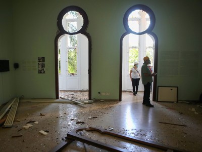 Staff inspect the damage at the Sursock Museum in Beirut on on 5 August 2020, a day after a blast in a warehouse in the port of the Lebanese capital sowed devastation across entire city neighbourhoods, killing more than 100 people, wounding thousands. Photo by Patrick Baz/AFP via Getty Images