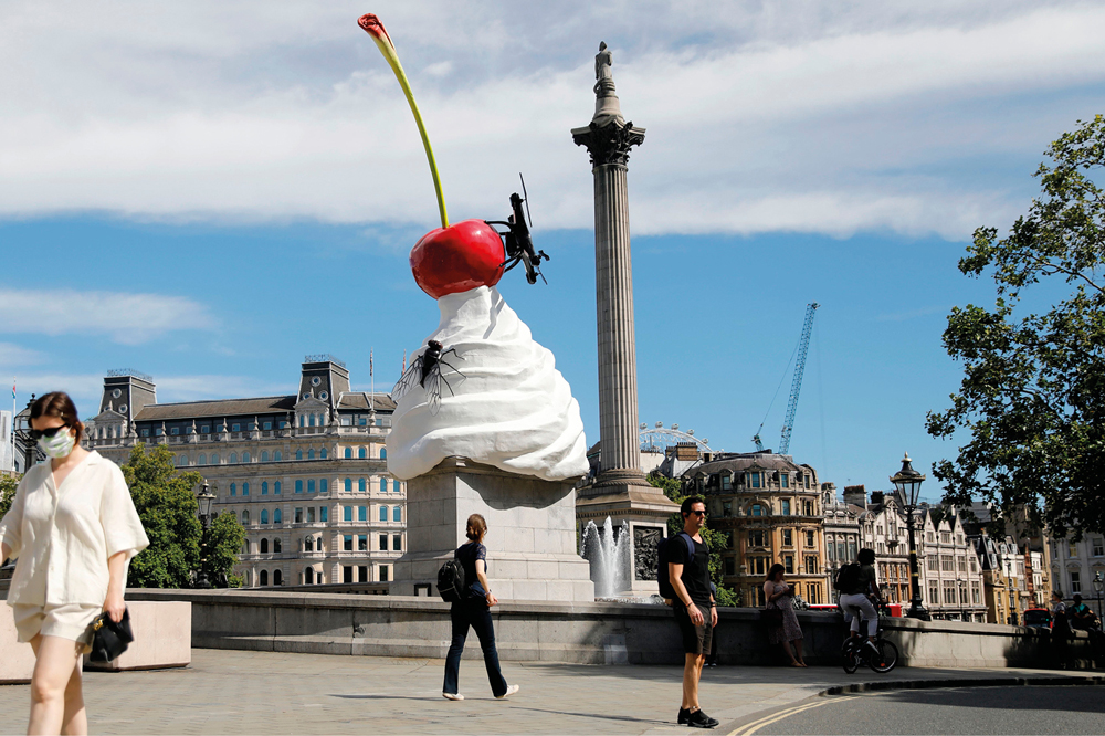 THE END (2020) by Heather Phillipson, installed on the Fourth Plinth in Trafalgar Square, London. Photo: Tolga Akmen/AFP via Getty Images