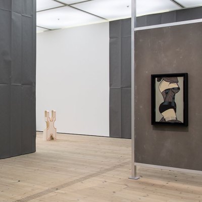 Installation view of ‘The Making of Husbands: Christina Ramberg in Dialogue’ at BALTIC Centre for Contemporary Art, Gateshead, 2020. On the right is Ramberg’s Black Widow (1971).