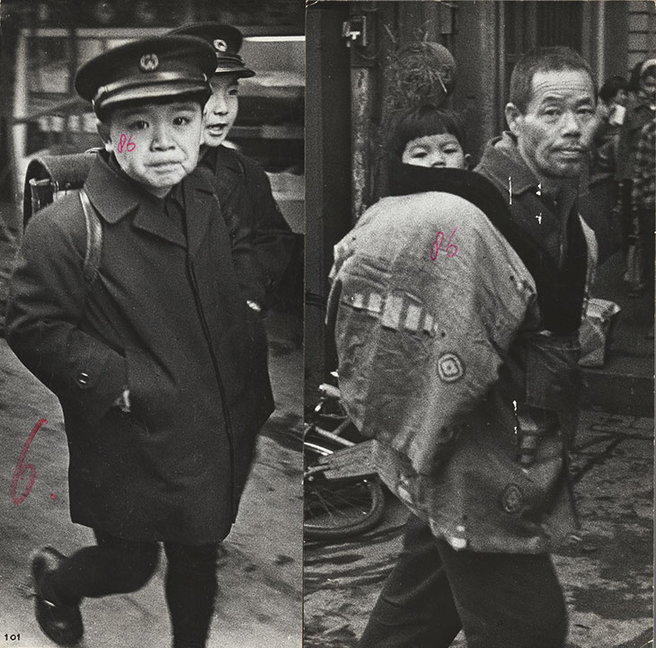 Schoolboys in uniform/Man carrying his daughter on his back, Osaka (1960), from the design mock-up for Sweet Life (published 1966), Ed van der Elsken. Rijksmuseum, Amstedam.