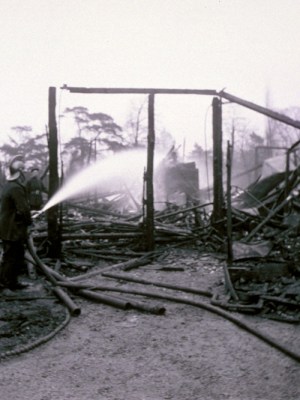 The Refreshment Pavilion at Kew Gardens after it was burned down by suffragettes in February 1913.