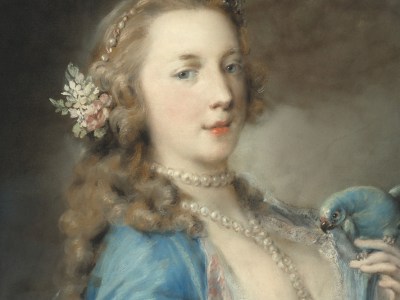 A Young Lady with a Parrot (detail; c. 1730), Rosalba Carriera.