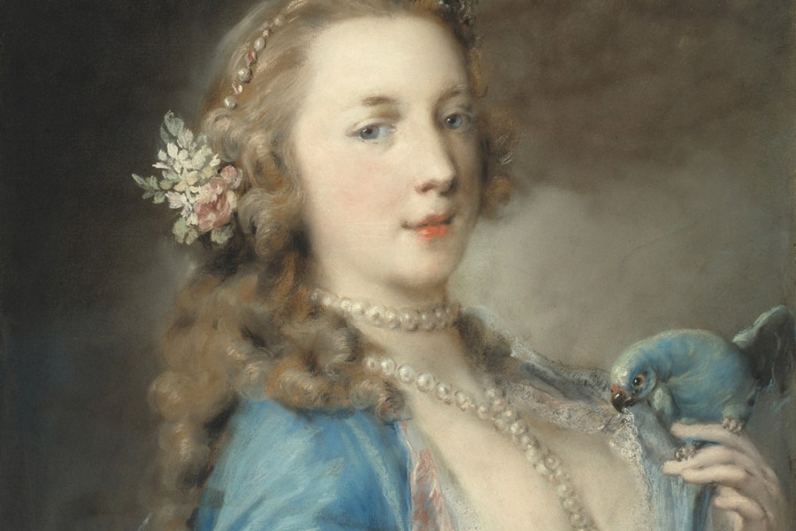 A Young Lady with a Parrot (detail; c. 1730), Rosalba Carriera.