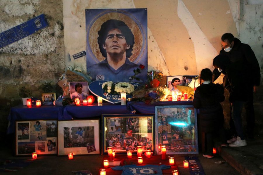 An altar to Diego Maradona set up in the Quartieri Spagnoli of Naples after the footballer’s death on 25 November 2020.