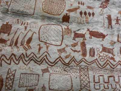 Rock art at the Cerro Azul hill in Serranía La Lindosa, in the Guaviare region of Colombia.
