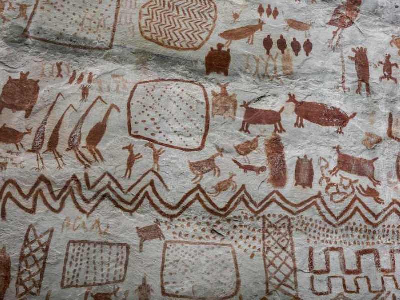 Rock art at the Cerro Azul hill in Serranía La Lindosa, in the Guaviare region of Colombia.
