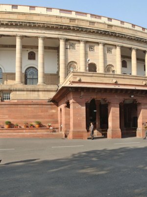 The Indian parliament building (Sansad Bhavan), designed by Edwin Lutyens and Herbert Baker in 1912–13, in New Delhi.