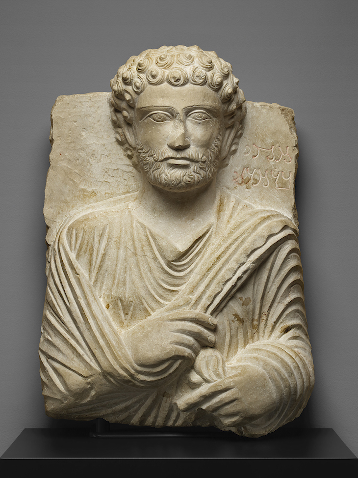 Funerary bust with inscription, ‘Maqî son of M'anî’ (c. 200–50), Palmyra. 