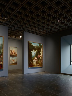 Four panels of Fragonard’s series The Progress of Love on the fourth floor of the Frick Madison.