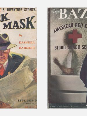 Left: ‘Black Mask’, vol. 12, no. 1, September 1929, contains the first part (of five) of ‘The Maltese Falcon’ by Dashiell Hammett; right: ‘Harper’s Bazaar’, vol. 77, no. 3, March 1943, featuring Lauren Bacall on the cover.